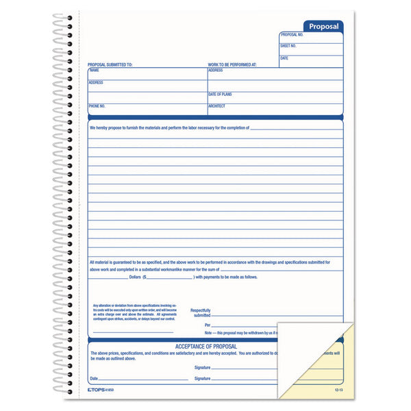 TOPS™ Spiralbound Proposal Form Book, Two-Part Carbonless, 11 x 8.5, 50 Forms Total (TOP41850)