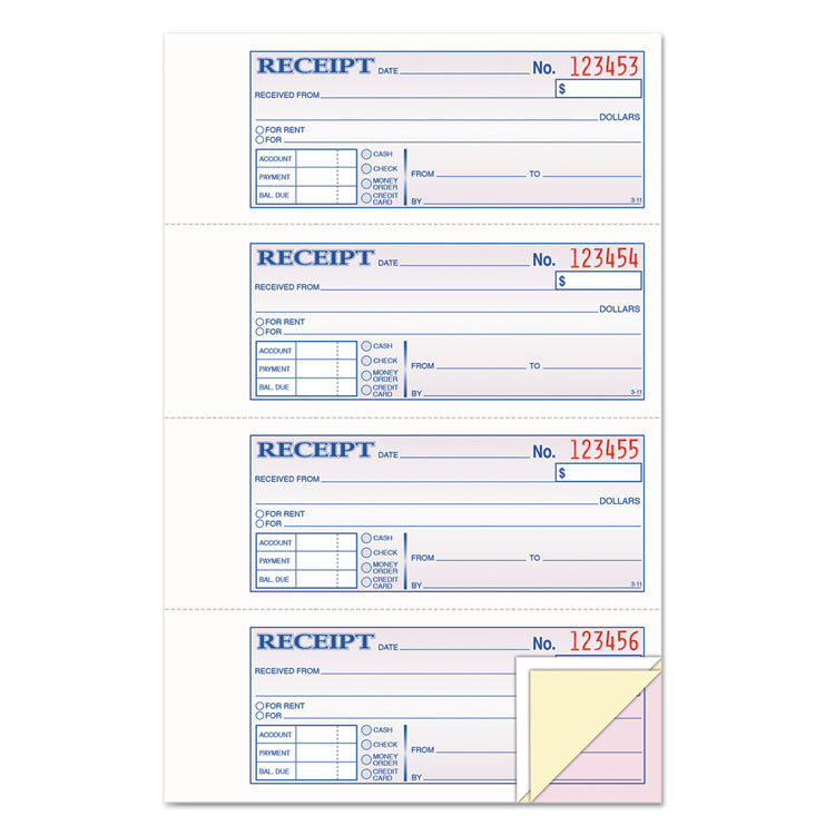 TOPS™ Money and Rent Receipt Book, Account + Payment Sections, Three-Part Carbonless, 7.13 x 2.75, 4 Forms/Sheet, 100 Forms Total (TOP46808) Each