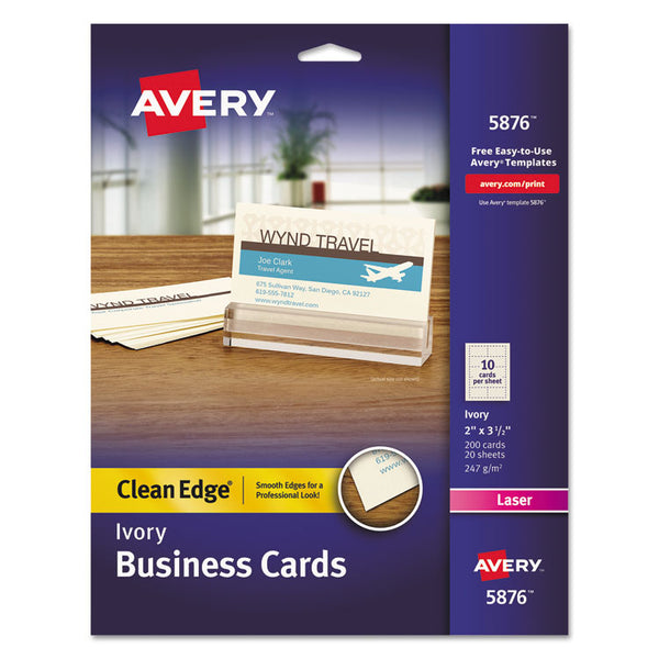 Avery® Clean Edge Business Cards, Laser, 2 x 3.5, Ivory, 200 Cards, 10 Cards/Sheet, 20 Sheets/Pack (AVE5876)