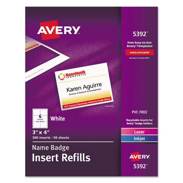 Avery® Name Badge Insert Refills, Horizontal/Vertical, 3 x 4, White, 300/Box (AVE5392)