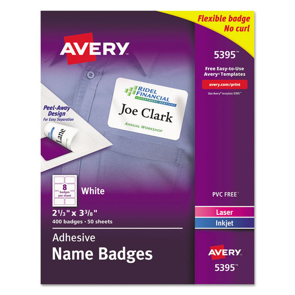 Avery® Flexible Adhesive Name Badge Labels, 3.38 x 2.33, White, 400/Box (AVE5395)