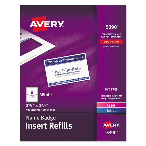 Avery® Name Badge Insert Refills, Horizontal/Vertical, 2 1/4 x 3 1/2, White, 400/Box (AVE5390)