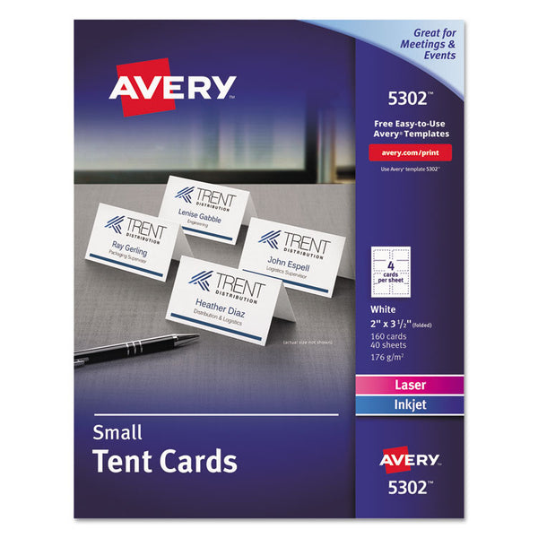 Avery® Small Tent Card, White, 2 x 3.5, 4 Cards/Sheet, 40 Sheets/Pack (AVE5302)