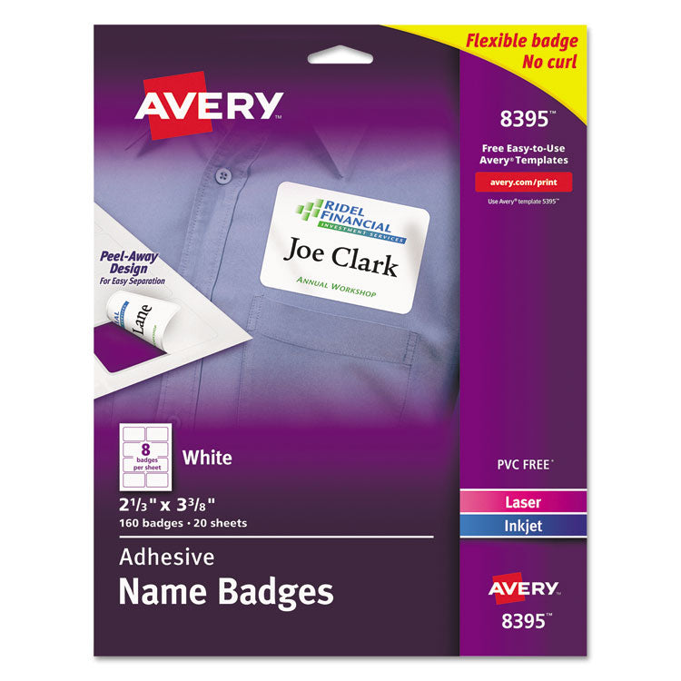 Avery® Flexible Adhesive Name Badge Labels, 3.38 x 2.33, White, 160/Pack (AVE8395)