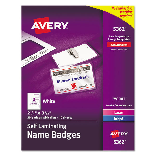 Avery® Self-Laminating Laser/Inkjet Printer Badges, 2.25 x 3.5, White, 30/Box (AVE5362)