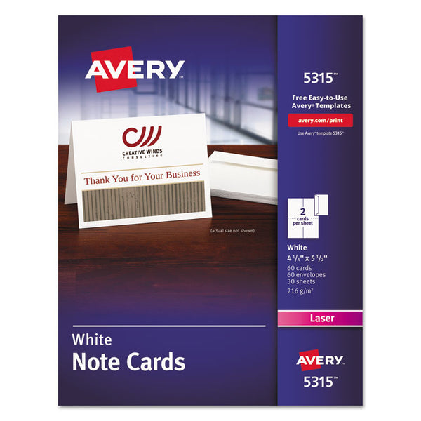 Avery® Note Cards with Matching Envelopes, Laser, 80 lb, 4.25 x 5.5, Uncoated White, 60 Cards, 2 Cards/Sheet, 30 Sheets/Pack (AVE5315)