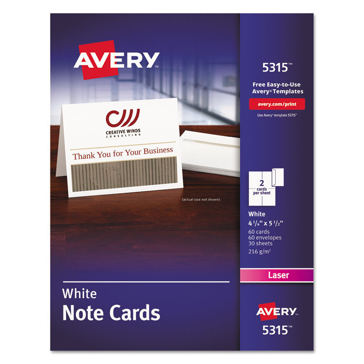 Avery® Note Cards with Matching Envelopes, Laser, 80 lb, 4.25 x 5.5, Uncoated White, 60 Cards, 2 Cards/Sheet, 30 Sheets/Pack (AVE5315) Each