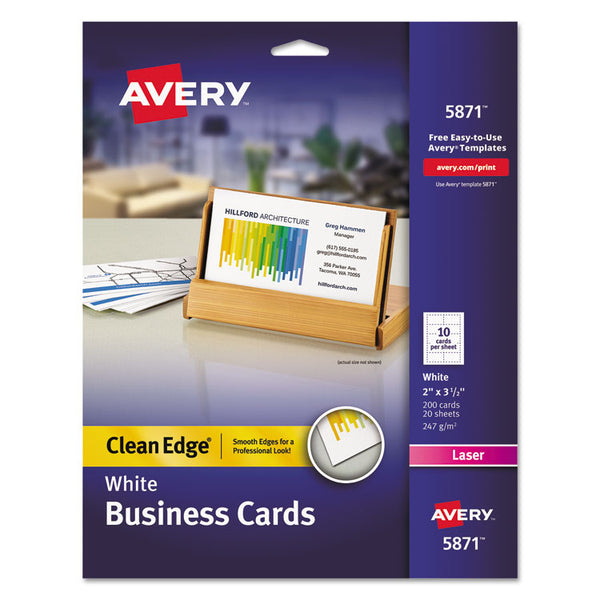 Avery® Clean Edge Business Cards, Laser, 2 x 3.5, White, 200 Cards, 10 Cards/Sheet, 20 Sheets/Pack (AVE5871)