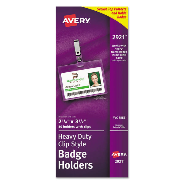 Avery® Secure Top Clip-Style Badge Holders, Horizontal, 2 1/4 x 3 1/2, Clear, 50/Box (AVE2921)