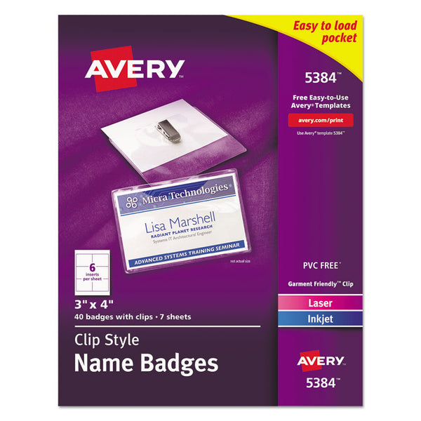 Avery® Clip-Style Name Badge Holder with Laser/Inkjet Insert, Top Load, 4 x 3, White, 40/Box (AVE5384)