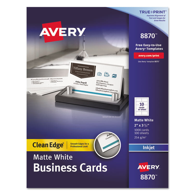 Avery® True Print Clean Edge Business Cards, Inkjet, 2 x 3.5, White, 1,000 Cards, 10 Cards/Sheet, 100 Sheets/Box (AVE8870)