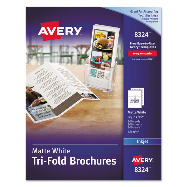 Avery® Tri-Fold Brochures, 92 Bright, 85 lb Text Weight, 8.5 x 11, Matte White, 100/Pack (AVE8324)