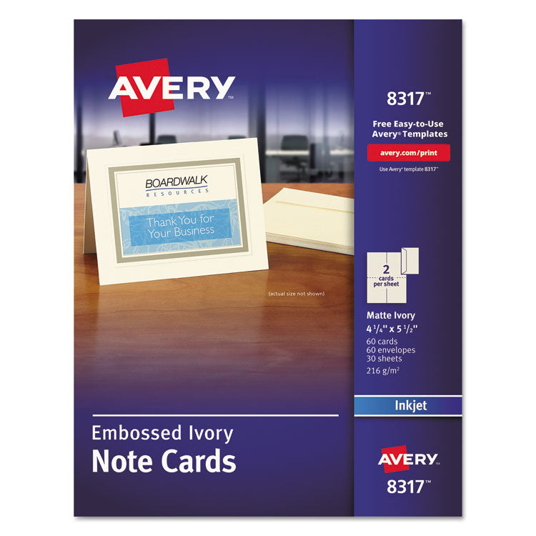 Avery® Note Cards with Matching Envelopes, Inkjet, 80 lb, 4.25 x 5.5, Embossed Matte Ivory, 60 Cards, 2 Cards/Sheet, 30 Sheets/Pack (AVE8317)