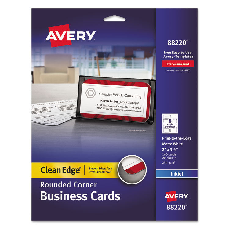 Avery® Round Corner Print-to-the-Edge Business Cards, Inkjet, 2 x 3.5, White, 160 Cards, 8 Cards/Sheet, 20 Sheets/Pack (AVE88220)