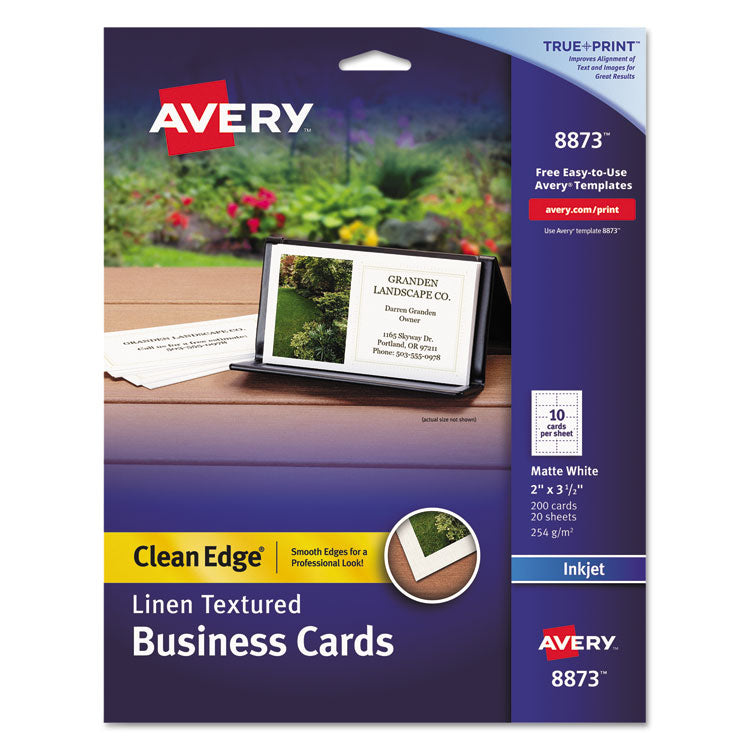 Avery® Linen Texture True Print Business Cards, Inkjet, 2 x 3.5, White, 200 Cards, 10 Cards/Sheet, 20 Sheets/Pack (AVE8873)