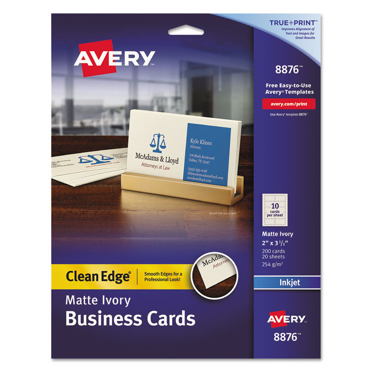 Avery® True Print Clean Edge Business Cards, Inkjet, 2 x 3.5, Ivory, 200 Cards, 10 Cards Sheet, 20 Sheets/Pack (AVE8876)