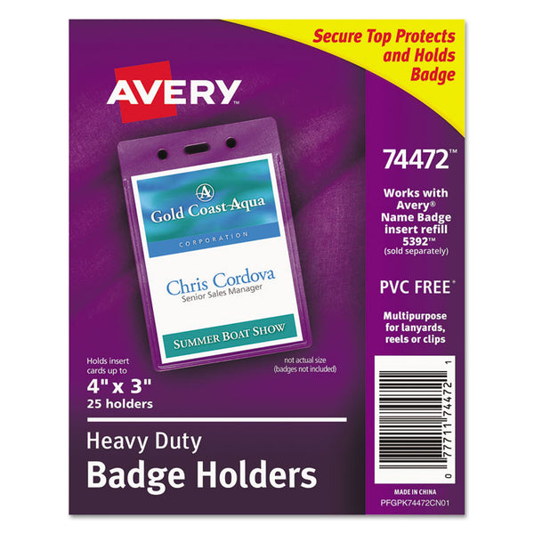 Avery® Secure Top Heavy-Duty Badge Holders, Vertical, 3w x 4h, Clear, 25/Pack (AVE74472)