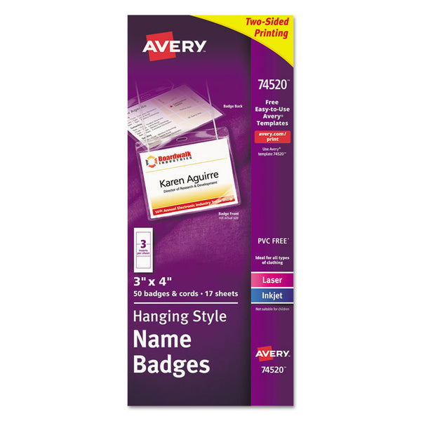 Avery® Necklace-Style Badge Holder w/Laser/Inkjet Insert, Top Load, 4 x 3, WE, 50/Box (AVE74520)