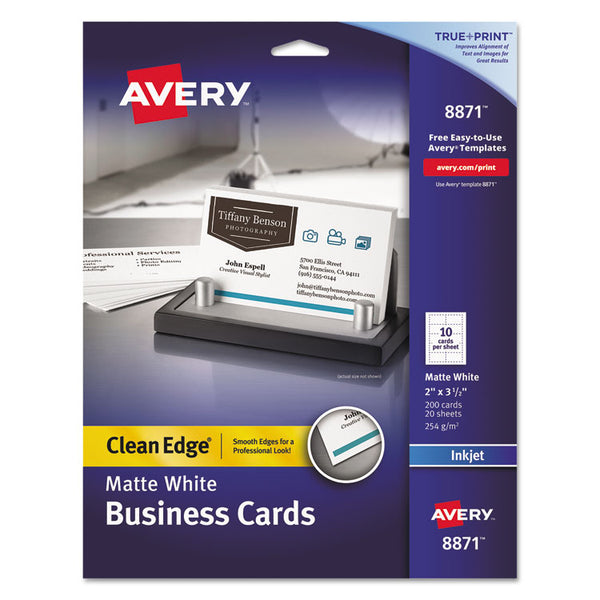 Avery® True Print Clean Edge Business Cards, Inkjet, 2 x 3.5, White, 200 Cards, 10 Cards/Sheet, 20 Sheets/Pack (AVE8871)