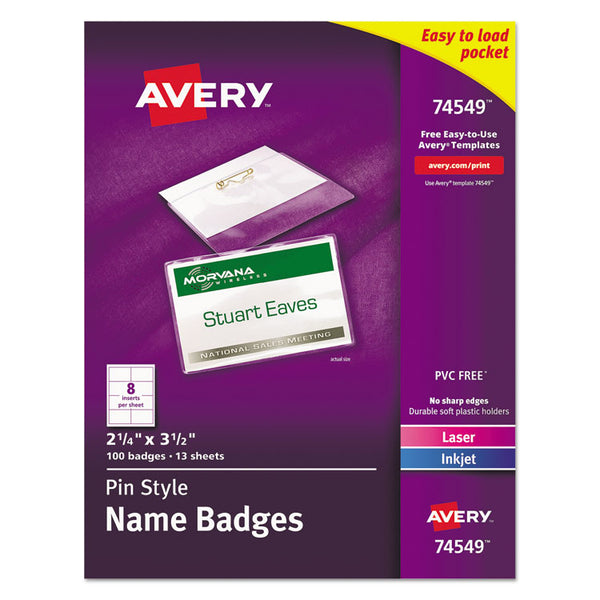 Avery® Pin-Style Badge Holder with Laser/Inkjet Insert, Top Load, 3.5 x 2.25, White, 100/Box (AVE74549)