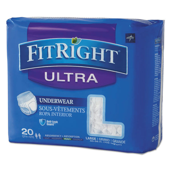 Medline FitRight Ultra Protective Underwear, Large, 40" to 56" Waist, 20/Pack, 4 Pack/Carton (MIIFIT23505ACT)