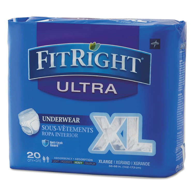 Medline FitRight Ultra Protective Underwear, X-Large, 56" to 68" Waist, 20/Pack, 4 Pack/Carton (MIIFIT23600ACT)