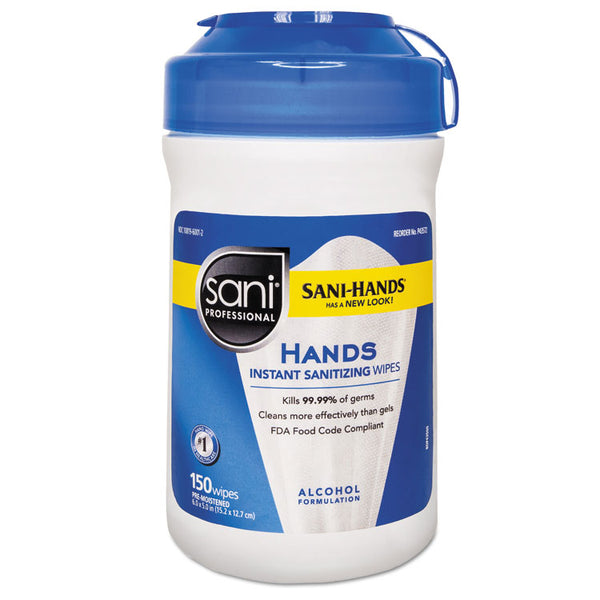 Sani Professional® Hands Instant Sanitizing Wipes, 5 x 6, Unscented, White, 150/Canister (NICP43572EA)