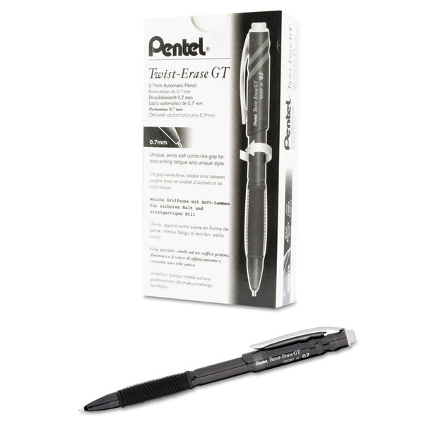 Pentel® Twist-Erase GT Pencils, 0.7 mm, HB (#2), Black Lead, Black Barrel, Dozen (PENQE207A) Each