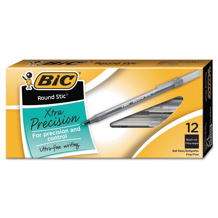 BIC® Round Stic Xtra Precision Ballpoint Pen, Stick, Fine 0.8 mm, Black Ink, Smoke Barrel, Dozen (BICGSF11BK)