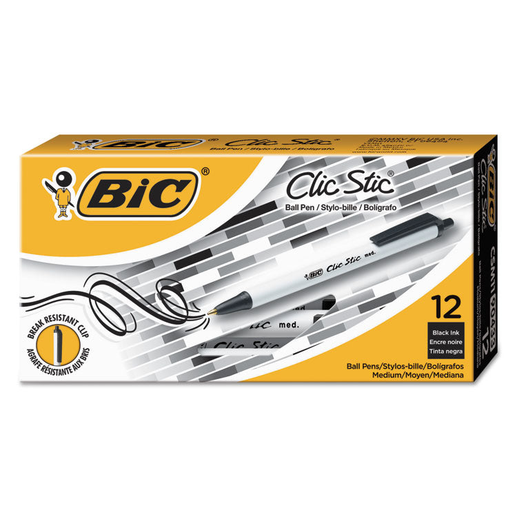 BIC® Clic Stic Ballpoint Pen Value Pack, Retractable, Medium 1 mm, Black Ink, White Barrel, 24/Pack (BICCSM241BK)