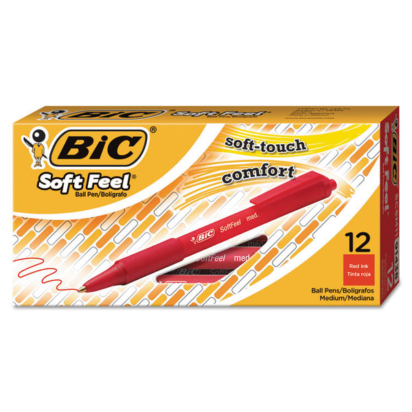 BIC® Soft Feel Ballpoint Pen, Retractable, Medium 1 mm, Red Ink, Red Barrel, Dozen (BICSCSM11RD)