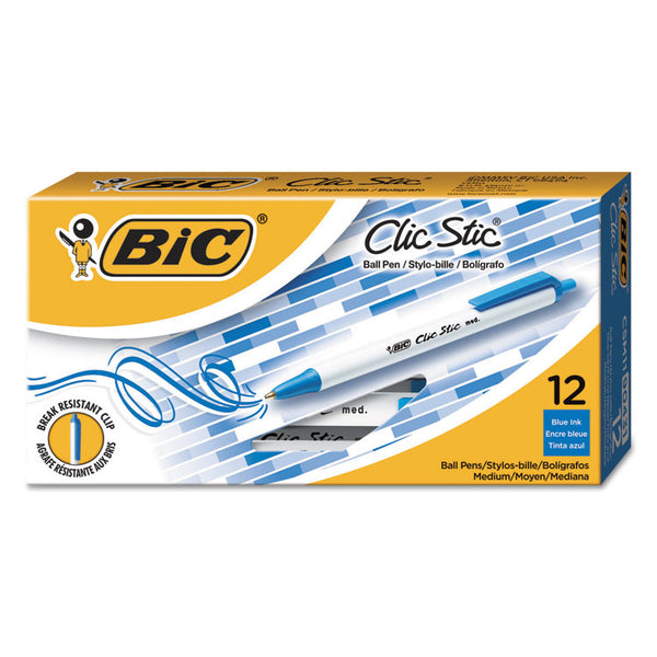 BIC® Clic Stic Ballpoint Pen, Retractable, Medium 1 mm, Blue Ink, White Barrel, Dozen (BICCSM11BE)