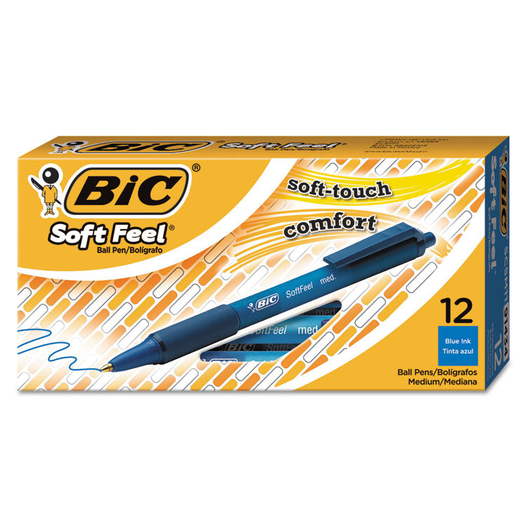 BIC® Soft Feel Ballpoint Pen, Retractable, Medium 1 mm, Blue Ink, Blue Barrel, Dozen (BICSCSM11BE)