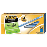 BIC® Round Stic Xtra Life Ballpoint Pen, Stick, Medium 1 mm, Blue Ink, Translucent Blue Barrel, Dozen (BICGSM11BE)