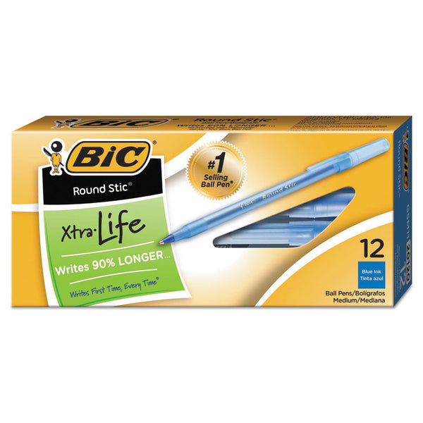 BIC® Round Stic Xtra Life Ballpoint Pen, Stick, Medium 1 mm, Blue Ink, Translucent Blue Barrel, Dozen (BICGSM11BE)