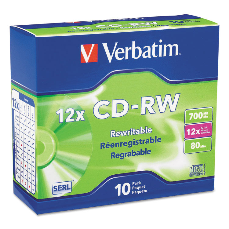 Verbatim® CD-RW High-Speed Rewritable Disc, 700 MB/80 min, 12x, Slim Jewel Case, Silver, 10/Pack (VER95156)