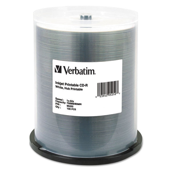 Verbatim® CD-R Printable Recordable Disc, 700 MB, 52x, Spindle, White, 100/Pack (VER95252)
