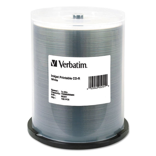 Verbatim® CD-R Printable Recordable Disc, 700 MB/80 min, 52x, Spindle, White, 100/Pack (VER95251)