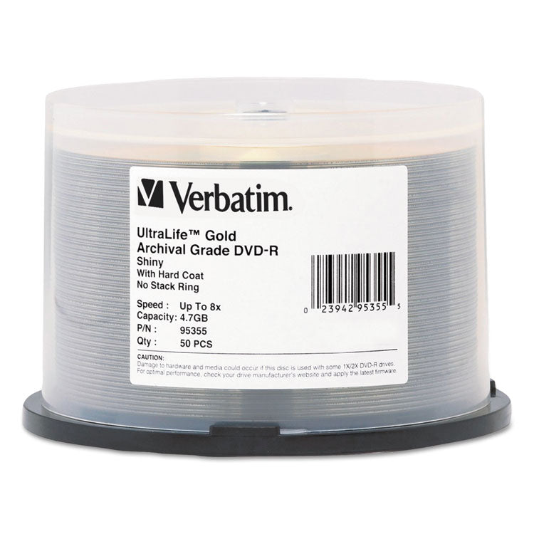 Verbatim® UltraLife Gold Archival Grade DVD-R, 4.7 GB, 16x, Spindle, Gold, 50/Pack (VER95355)
