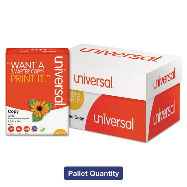 Universal® 30% Recycled Copy Paper, 92 Bright, 20 lb Bond Weight, 8.5 x 11, White, 500 Sheets/Ream, 10 Reams/Carton, 40 Cartons/Pallet (UNV20030PLT)