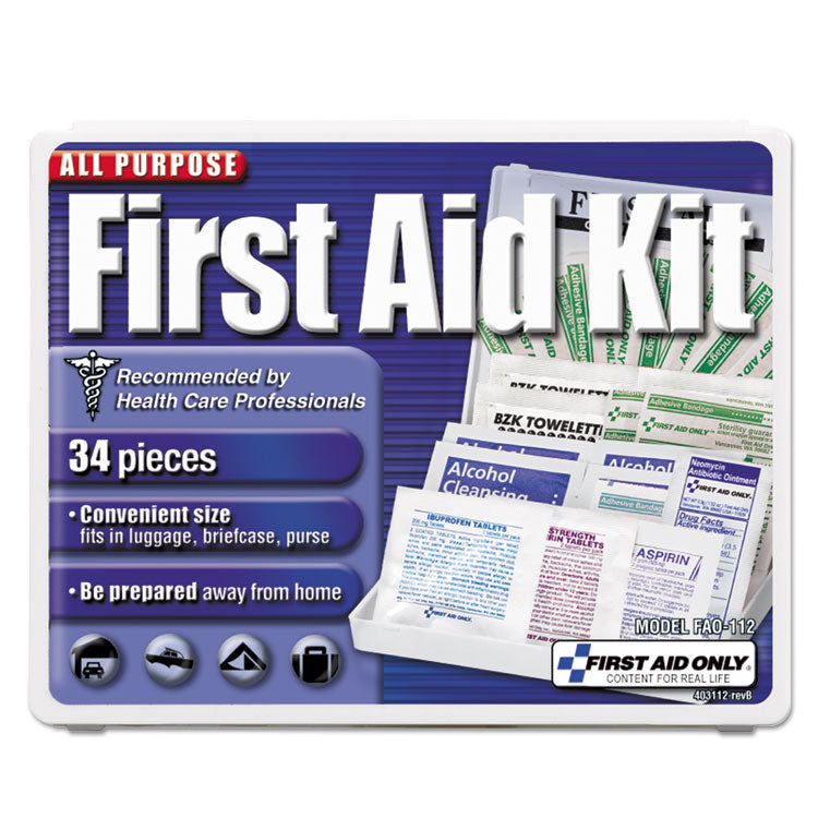 First Aid Only™ All-Purpose First Aid Kit, 34 Pieces, 3.74 x 4.75, 34 Pieces, Plastic Case (FAO112) 1 Kit