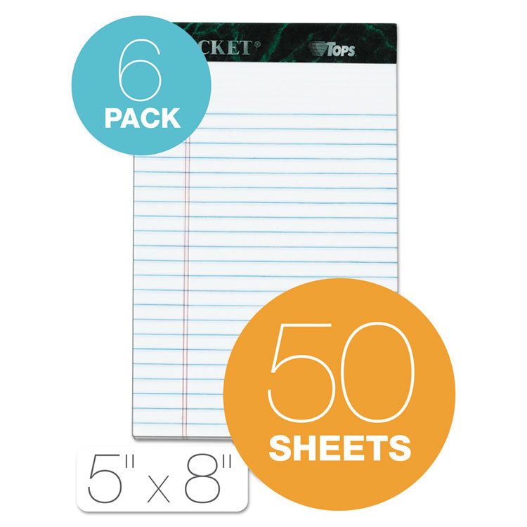 TOPS™ Docket Ruled Perforated Pads, Narrow Rule, 50 White 5 x 8 Sheets, 6/Pack (TOP63366) Pack of 6