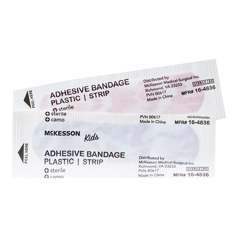 McKesson Kids™ Adhesive Strip 3/4 X 3 Inch Plastic Rectangle Kid Design (Blue / Pink Camo) Sterile (1055593_BX) 100/BX