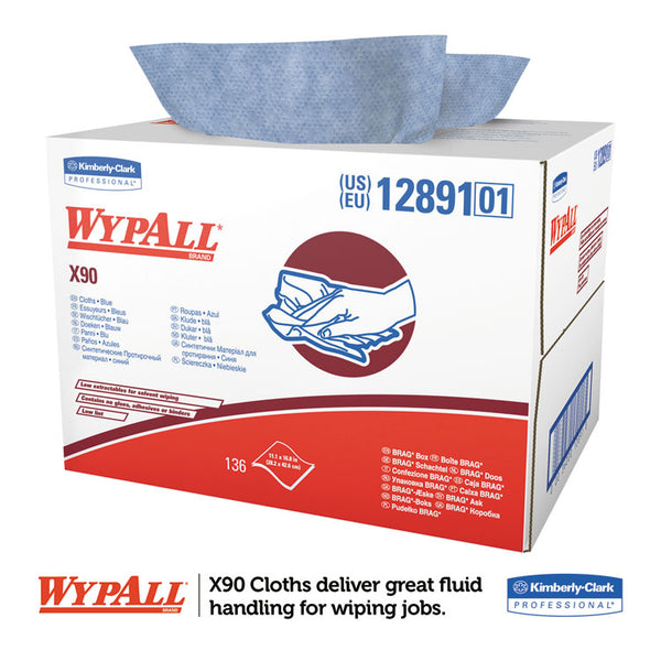 WypAll® X90 Cloths, BRAG Box, 2-Ply, 11.1 x 16.8, Denim Blue, 136/Carton (KCC12891)
