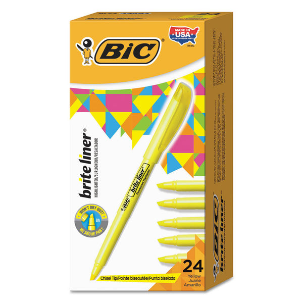 BIC® Brite Liner Highlighter Value Pack, Yellow Ink, Chisel Tip, Yellow/Black Barrel, 24/Pack (BICBL241YW)