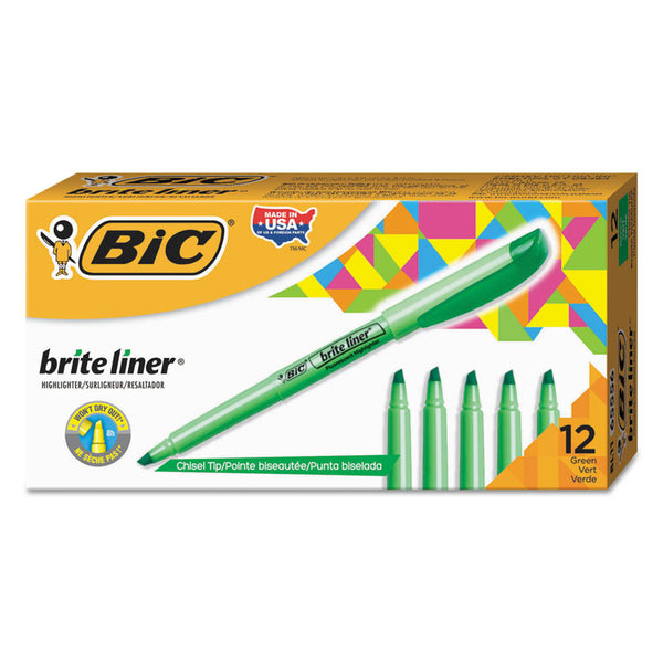 BIC® Brite Liner Highlighter, Fluorescent Green Ink, Chisel Tip, Green/Black Barrel, Dozen (BICBL11GN)