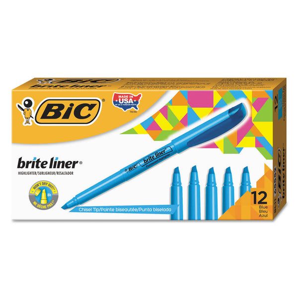 BIC® Brite Liner Highlighter, Fluorescent Blue Ink, Chisel Tip, Blue/Black Barrel, Dozen (BICBL11BE)
