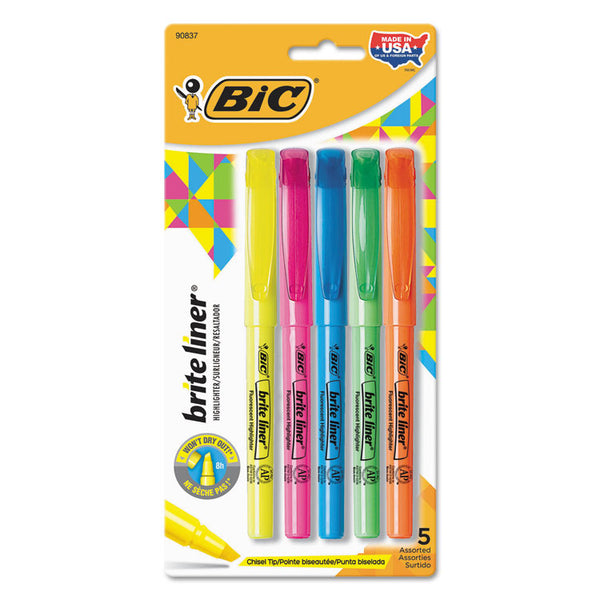 BIC® Brite Liner Highlighter, Assorted Ink Colors, Chisel Tip, Assorted Barrel Colors, 5/Set (BICBLP51WASST)