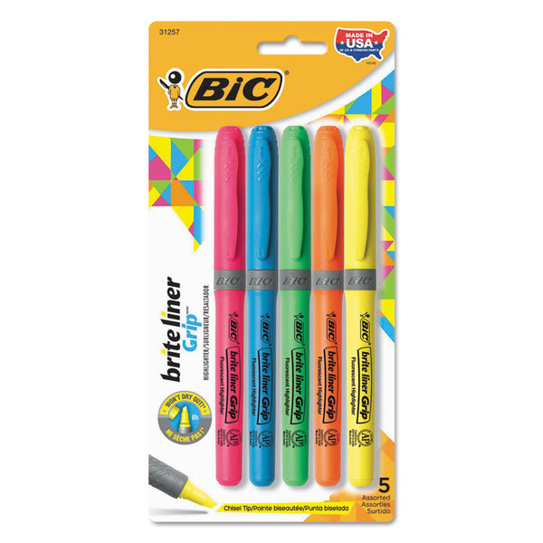 BIC® Brite Liner Grip Pocket Highlighter, Assorted Ink Colors, Chisel Tip, Assorted Barrel Colors, 5/Set (BICGBLP51ASST)