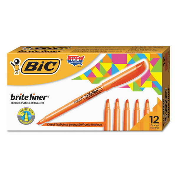 BIC® Brite Liner Highlighter, Fluorescent Orange Ink, Chisel Tip, Orange/Black Barrel, Dozen (BICBL11OE)